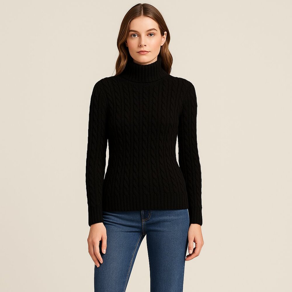 Eagle's Eye 100% Wool Black Cable Knit Turtleneck Sweater (Small)